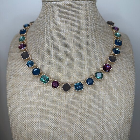 Gold-Tone Necklace With Multi-Colored Glass Gemstones Square & Round Shapes Adju - Picture 7 of 9
